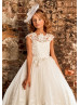 Cap Sleeves Beaded Ivory Lace Tulle Flower Girl Dress